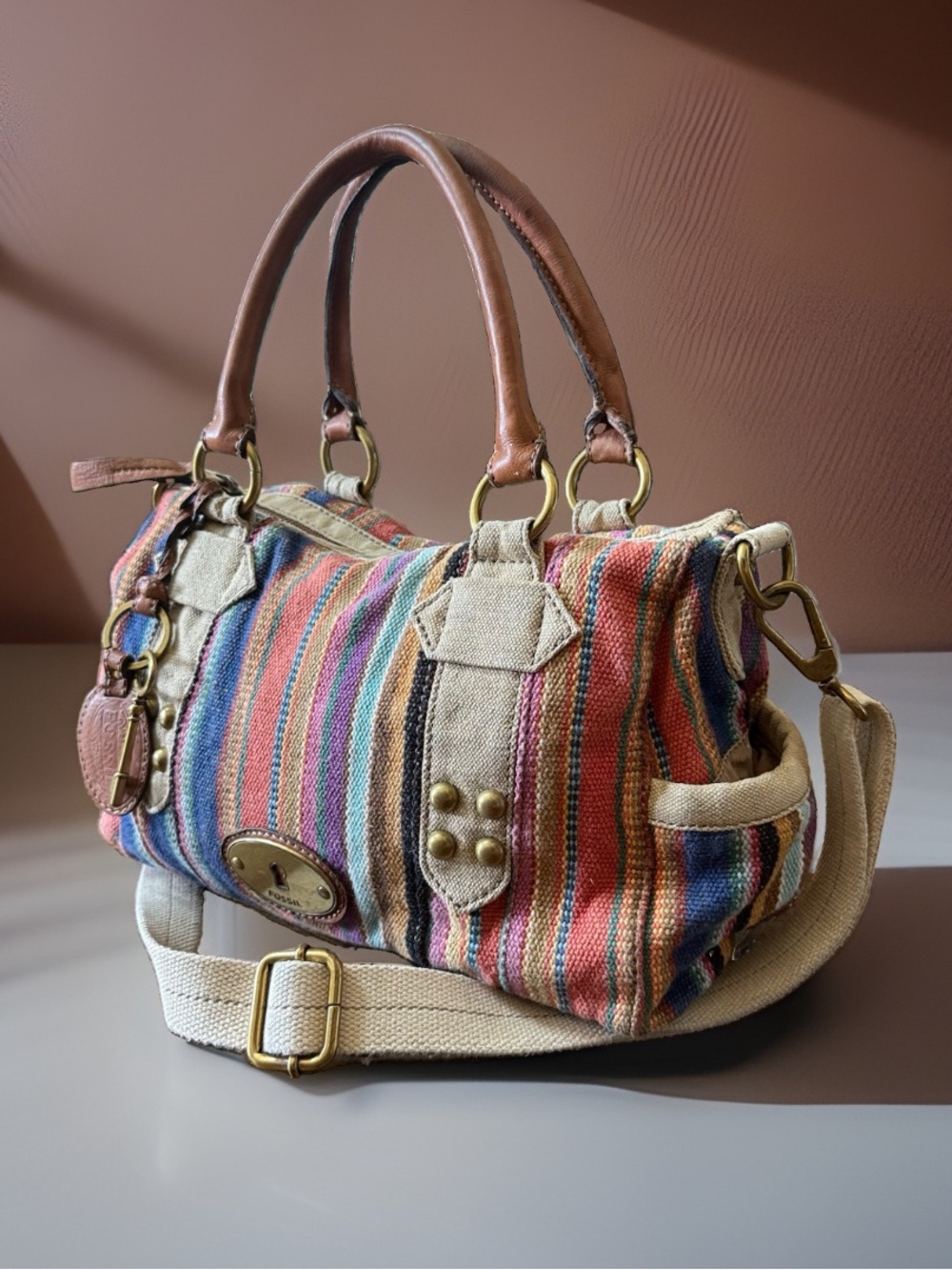 Fossil Grayson Stripe Satchel Bag Leather Canvas Crossbody Boho Multicolor